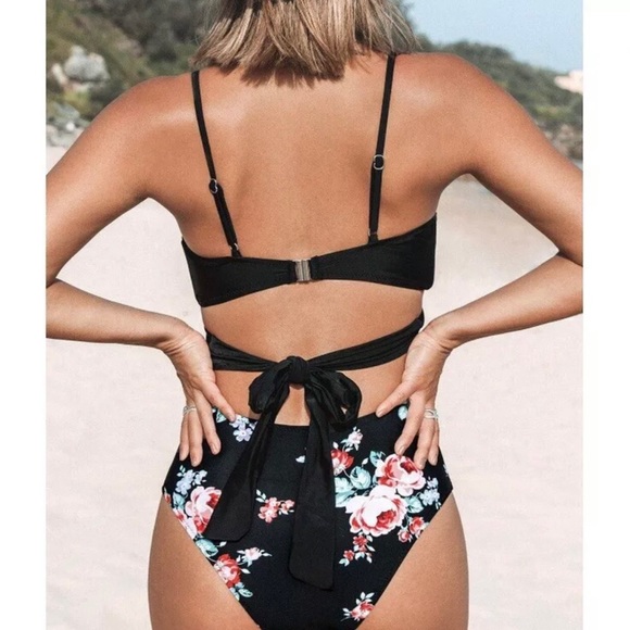 NWT CUPSHE Black Floral Wrap Cutout 1 Piece Bathing Suit Swimsuit Sz S Tie Back - Picture 6 of 14